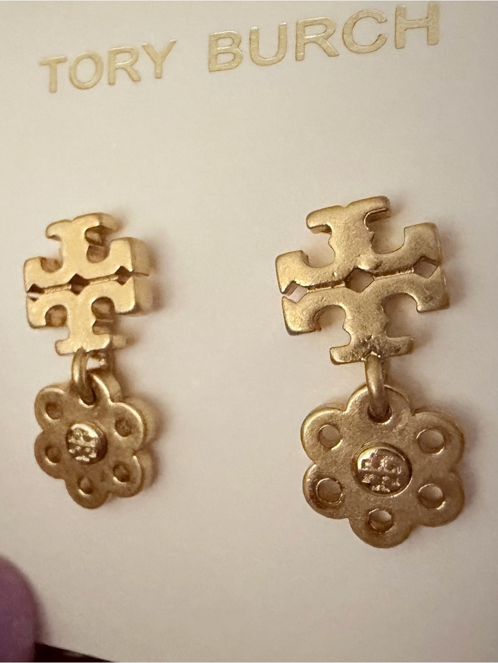Tory Burch Gold-Tone Double-T Floral Drop Earrings